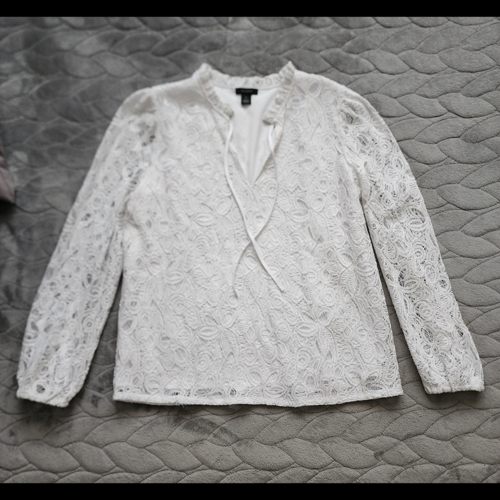 Halogen Tie Front Lace Cotton Blend Blouse, Medium